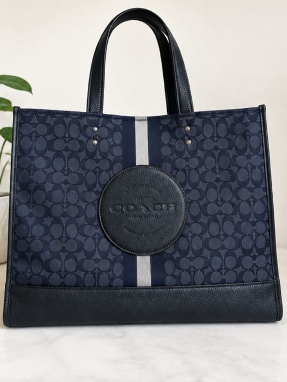 Coach Navy Signature Jacquard Tote Bag with Leather Trim & Center Stripe - Picture 3 of 11